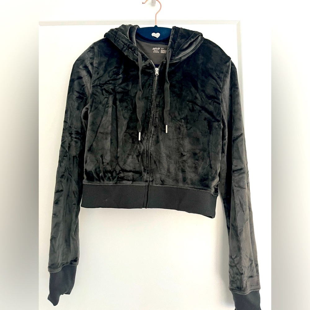 Aerie Sage black Velour Velvet Cropped Tracksuit Hoodie small